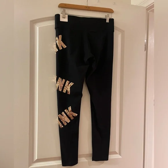 VS Pink Black Leggings with Gold Bling Sequin 'PINK'
